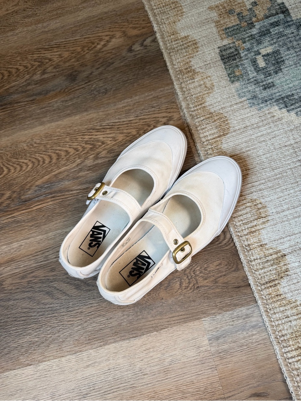 Vans Women’s White Mary Jane Flats with Gold Buckle